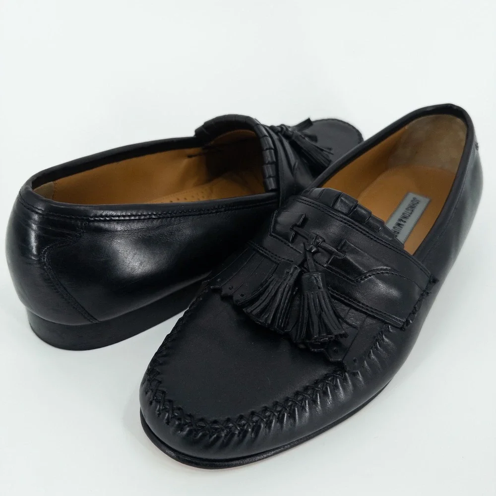 Johnston & Murphy Black Tassel Loafers Mens 9.5M Leather Sole Dress Shoes Preppy - Picture 2 of 9